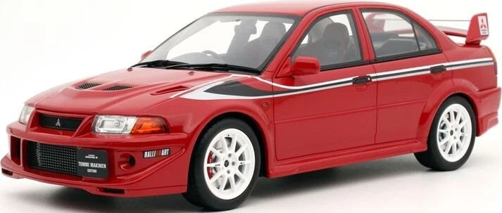 Red sports car model, front-left view, white wheels, black grille and hood scoop