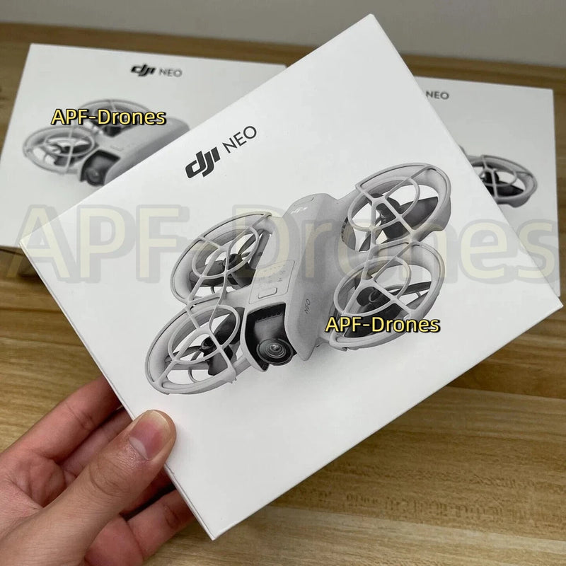 DJI Neo drone on white retail box, compact quadcopter with propellers