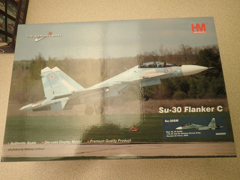 Su-30 Flanker C fighter jet model kit box with blue and white aircraft artwork