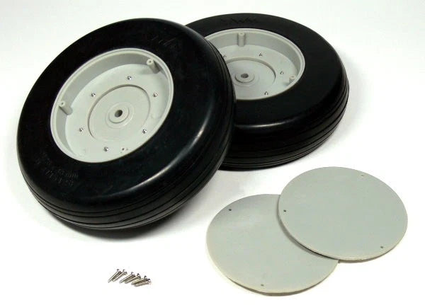 Pair of rubber RC airplane wheels with metal hubs, axle covers, and mounting screws