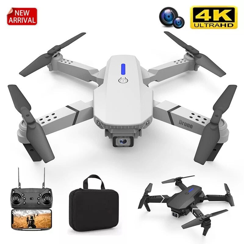 Gray RC quadcopter drone with 4K-style camera, plus remote and carrying case