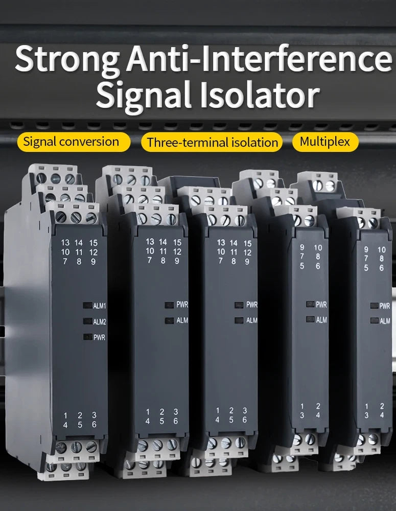 DIN-rail signal isolator module with screw terminals and LED indicators, grey housing
