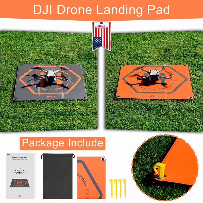 Foldable drone landing pad with orange and gray anti-slip graphic, includes stakes and bag