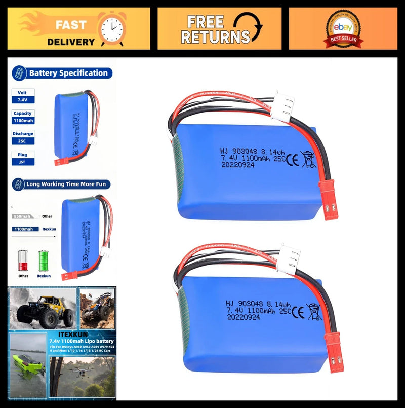 7.4V 1100mAh LiPo Battery 25C JST Plug - 2 Pack for 1/10 1/16 1/18 RC Cars Battery