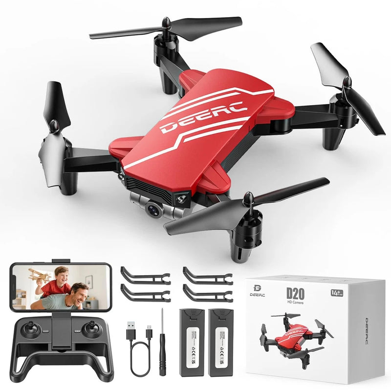 Red mini quadcopter drone with 720P FPV camera and remote controller, includes parts