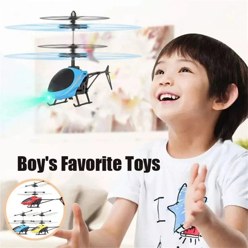 Blue mini rechargeable RC helicopter drone toy with spinning blades and skids