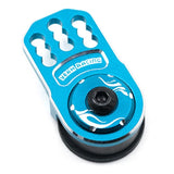 Blue alloy servo saver kit with black base and central hex fastener, HeraRacing logo
