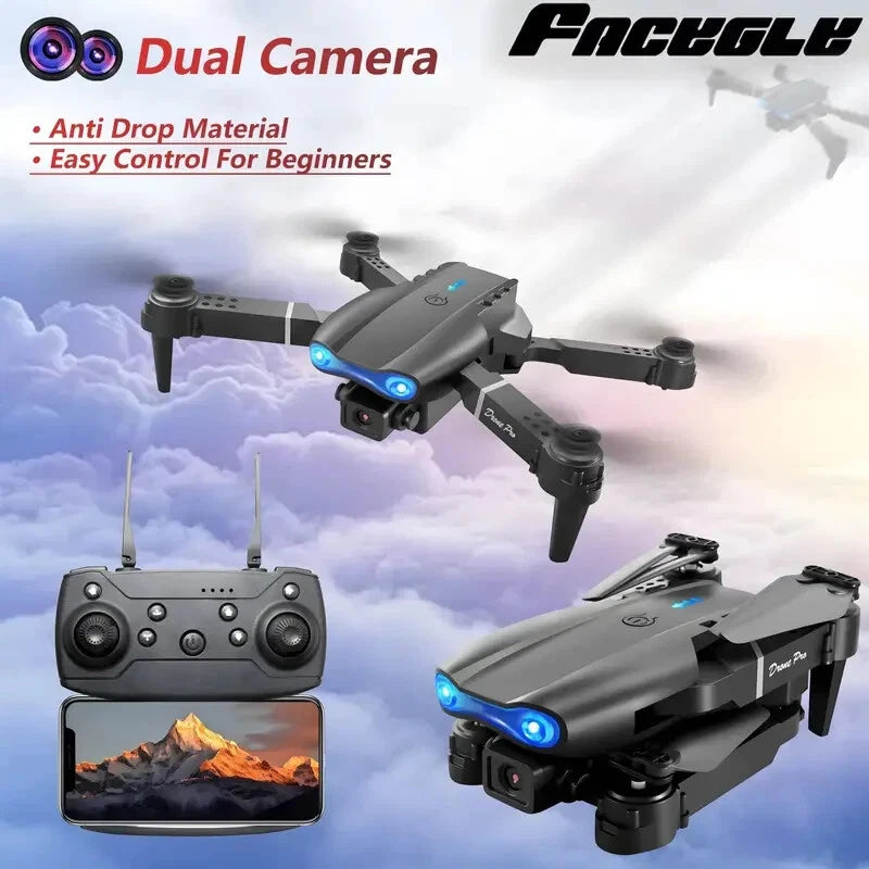Foldable dual-camera RC drone with remote controller and built-in blue lights