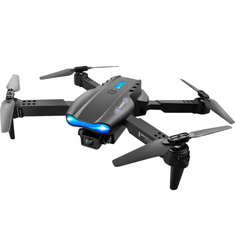 Foldable RC drone with quad rotors, dark body and blue LED light