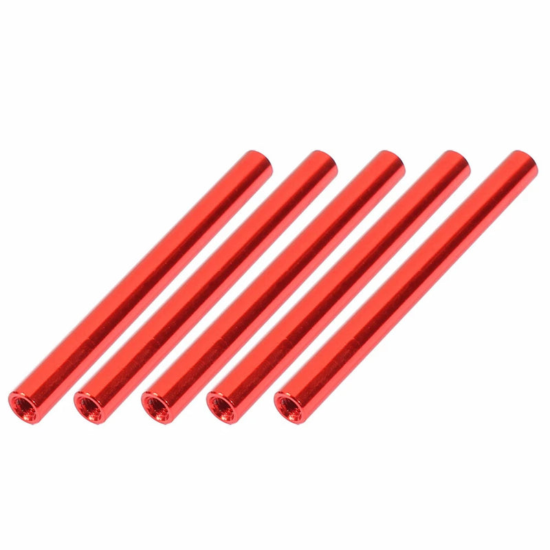 Set of five red aluminum M3 standoff spacers, cylindrical with threaded ends