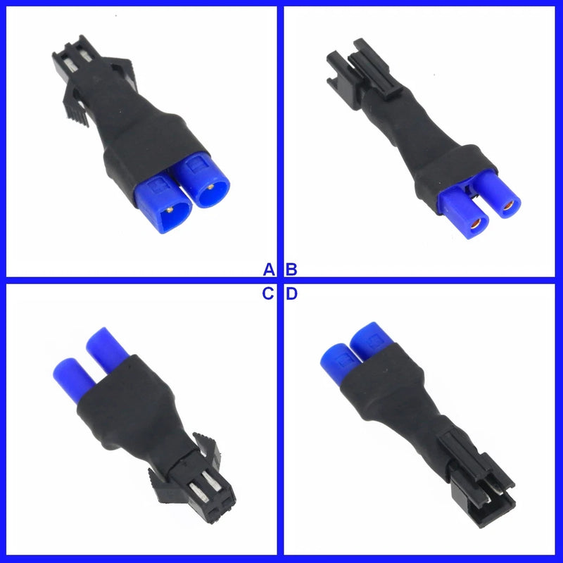 Black adapter plug with blue two-pin battery connector, viewed at an angled side view
