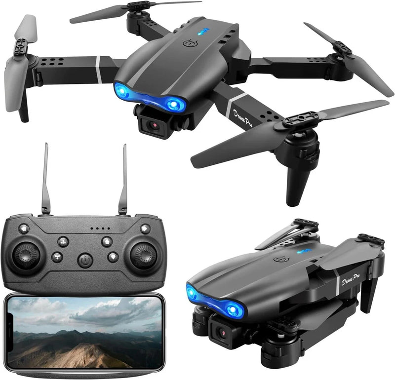 Foldable quadcopter drone with camera and remote controller, gray with blue LEDs