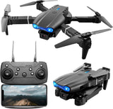 Foldable quadcopter drone with camera and remote controller, gray with blue LEDs