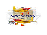 Colorful RC airplane model kit, yellow and red fuselage with blue accents and propellers