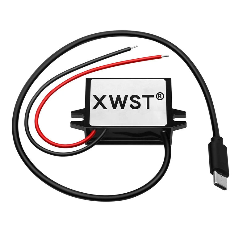 DC to 5V USB buck converter module with XWST label and two wire leads, USB plug