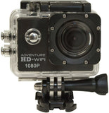 Black action camera in clear waterproof case with front lens and mount arm