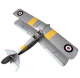 Gray and yellow balsa RC biplane airplane with two wings and propeller