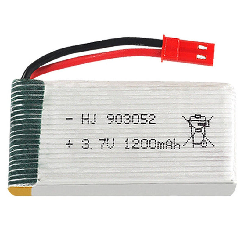 3.7V 1200mAh Li-Po RC drone battery with red connector, printed label and green leads