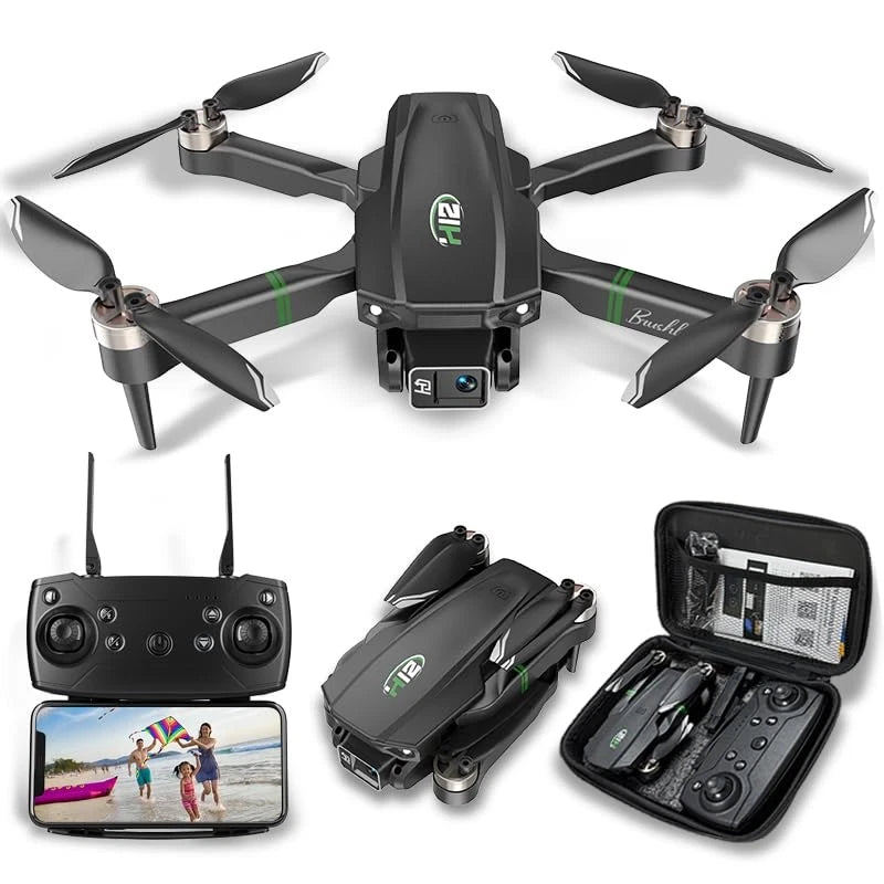 Black mini quadcopter drone with camera, controller with screen, and carrying case