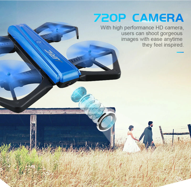 Blue foldable quadcopter drone with Wi‑Fi camera