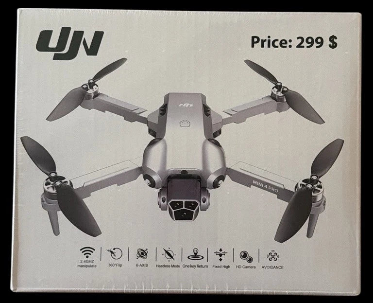 UJN AR4 Pro drone with four propellers, front camera, shown on retail box