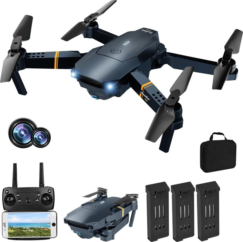Foldable dark gray quadcopter drone with camera, four propellers, controller and case