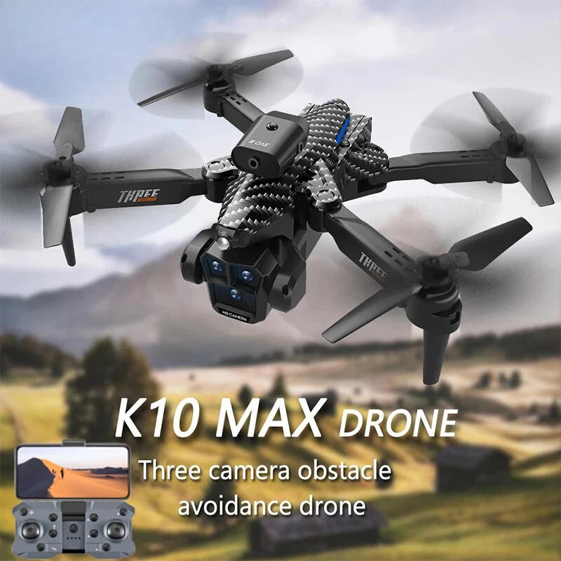 Four-rotor quadcopter drone with three camera modules and foldable arms