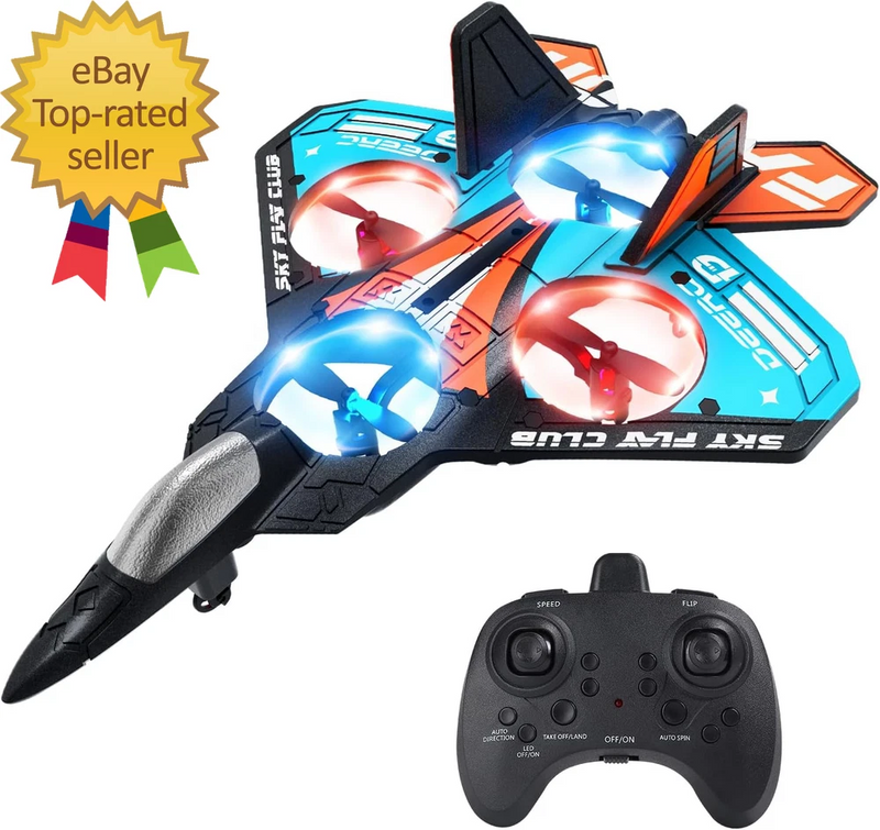 Foam RC fighter jet drone with blue LED lights and black handheld controller