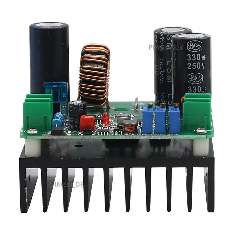 DC-DC boost converter module PCB with inductor coil, electrolytic capacitors, and green terminal blocks