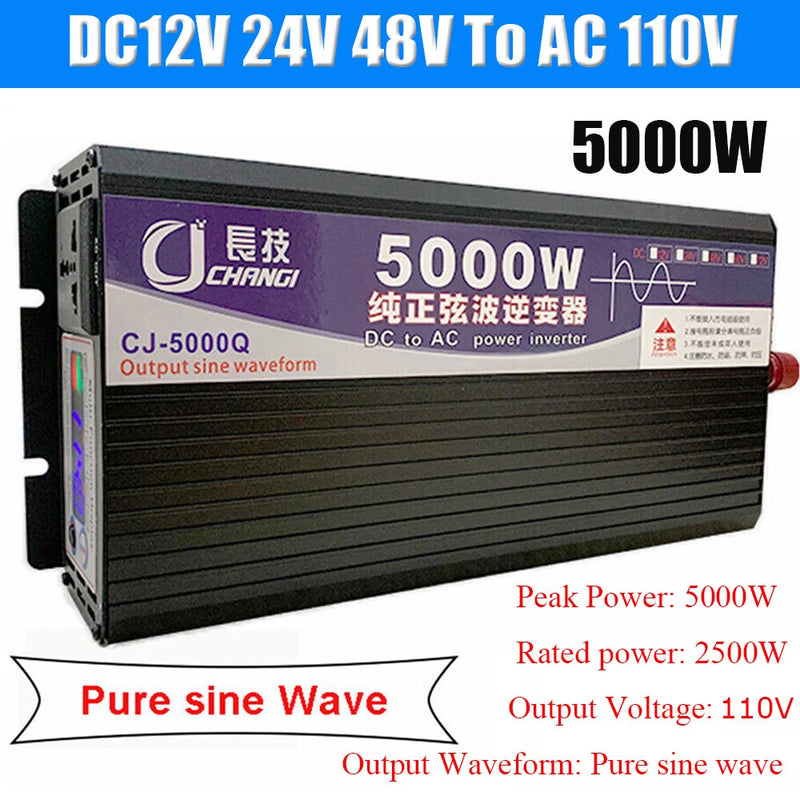 5000W Car Power Inverter Pure Sine Wave DC 12V/24V/48V to AC 220V LED Converter