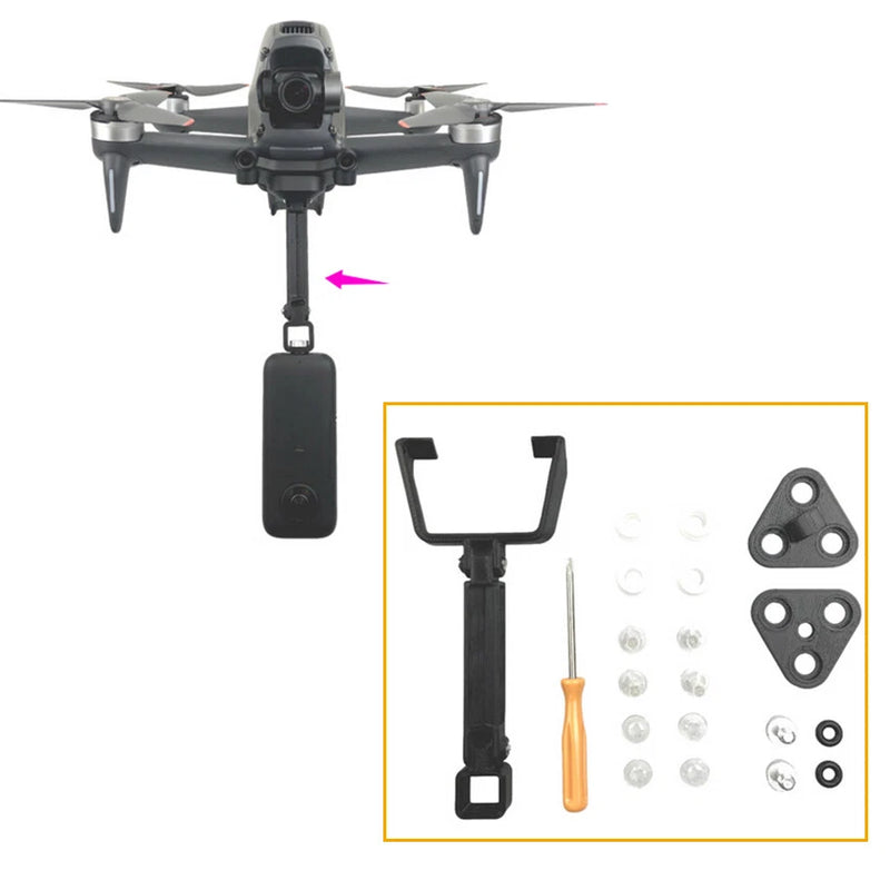 Drone camera hanging mount bracket kit with mounting frame, screws, and screwdriver