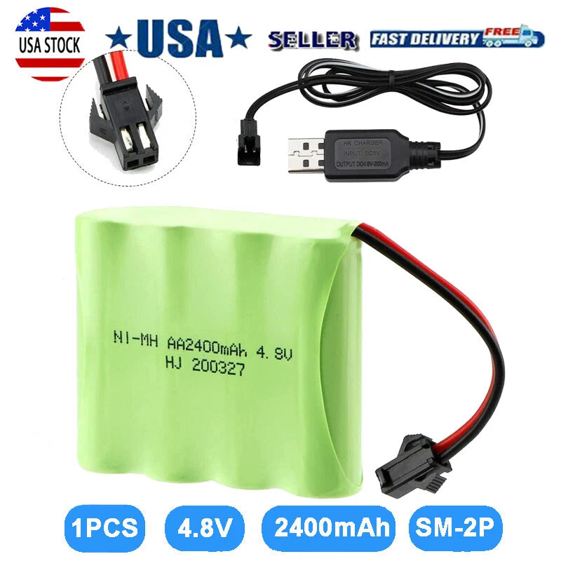 1pcs 4.8V 2400mAh Ni-MH AA Battery SM-2P 2Pin Plug w/USB Cable for RC Car Truck