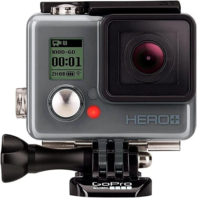 GoPro HERO+ action camera with LCD screen, front lens, and side control buttons