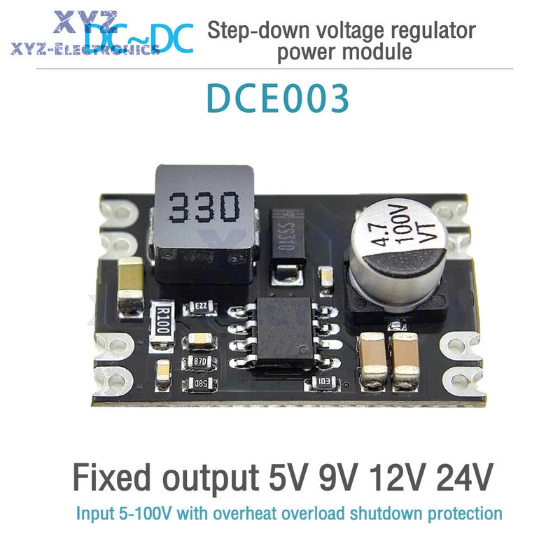 DC step-down buck converter module PCB with electrolytic capacitor and screw terminals