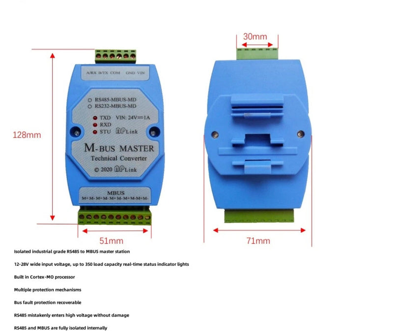 Industrial grade isolated RS485 to MBUS fully isolated wide voltage power supply