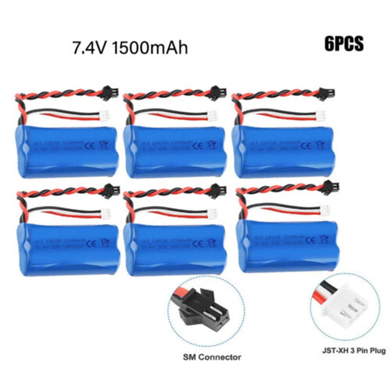 6pcs 1500mAh 7.4V Li-ion Batteries 15C SM Plug + Charger for RC Car Boat Truck