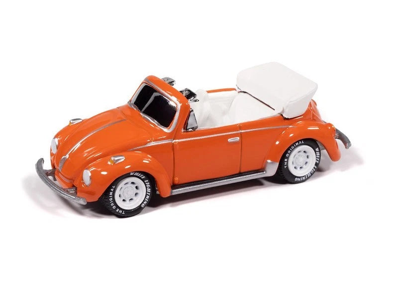 Orange 1975 Volkswagen Beetle convertible die-cast model, 1:64 scale