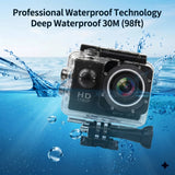 Waterproof action camera in clear case with front lens and mounted handle