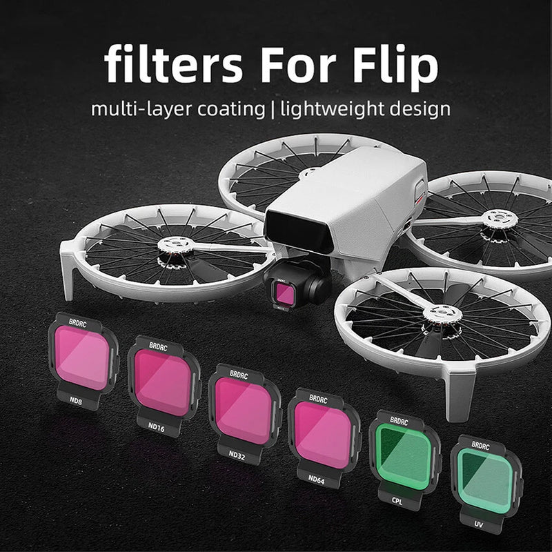 Drone lens filter set: UV, CPL, ND filters in pink and green