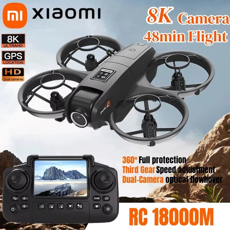 Black quadcopter drone with four rotors and dual camera module
