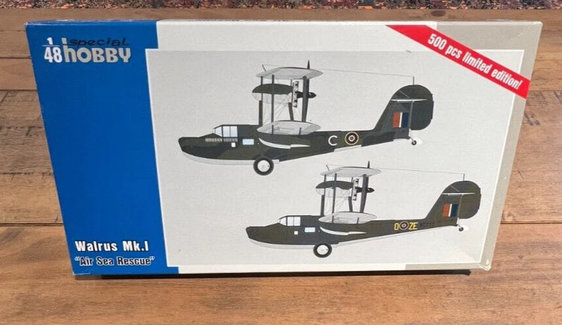 Special Hobby Walrus Mk.I air-sea rescue model kit box, 1/48 scale with aircraft artwork