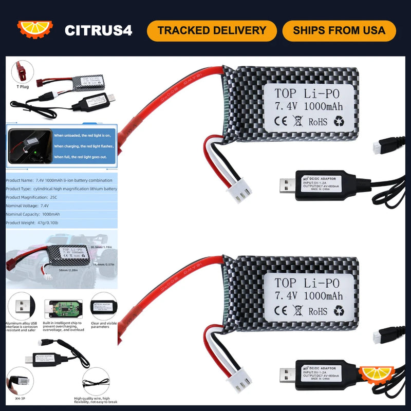 7.4V 1000mAh Li-ion Battery 2 Pack - 2S 25C for RC Truck Racing Car + USB Charge Battery