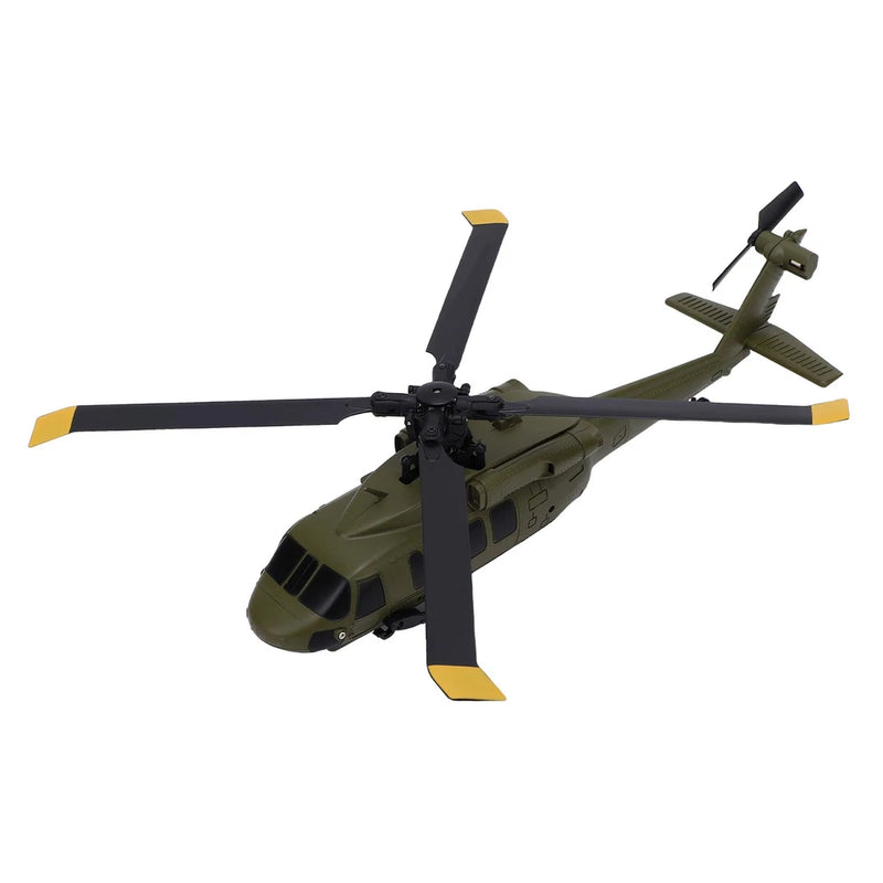 Olive green RC stunt helicopter drone with four black rotors and yellow tips