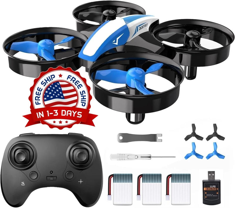 Blue mini quadcopter drone kit with black remote, spare propellers and battery