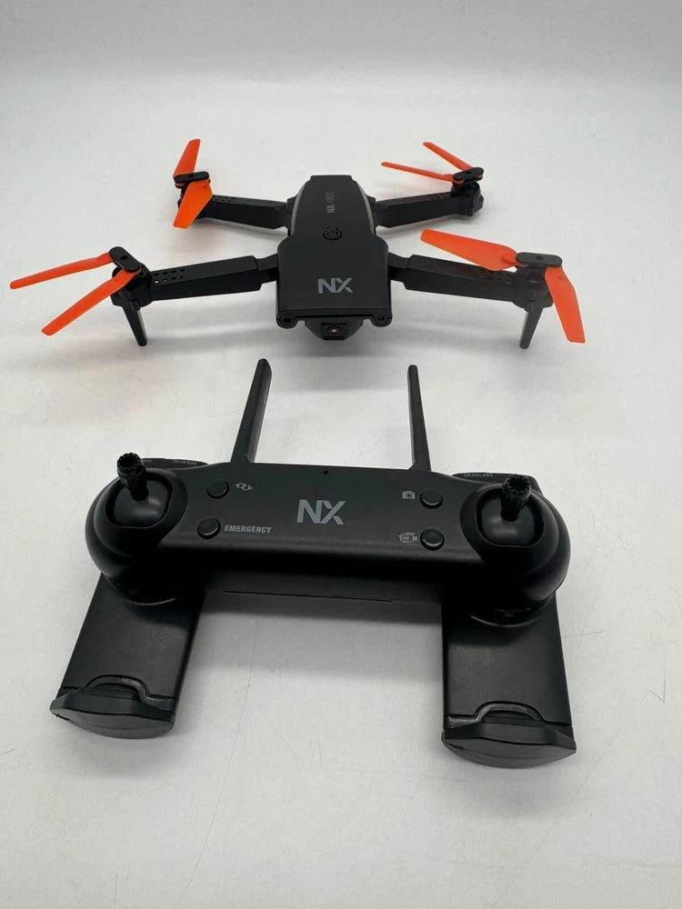 Foldable quadcopter drone with orange propellers, black body, front camera module