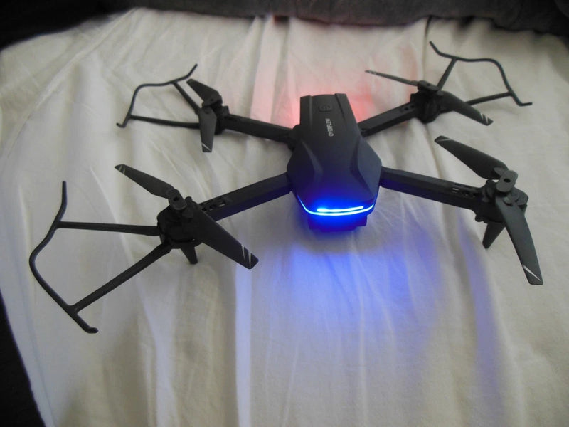OVERFLEW drone with five propellers and blue LED light, no remote controller.