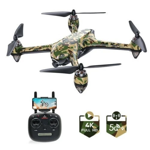 Camouflage quadcopter drone with FPV controller, four propellers and front camera module