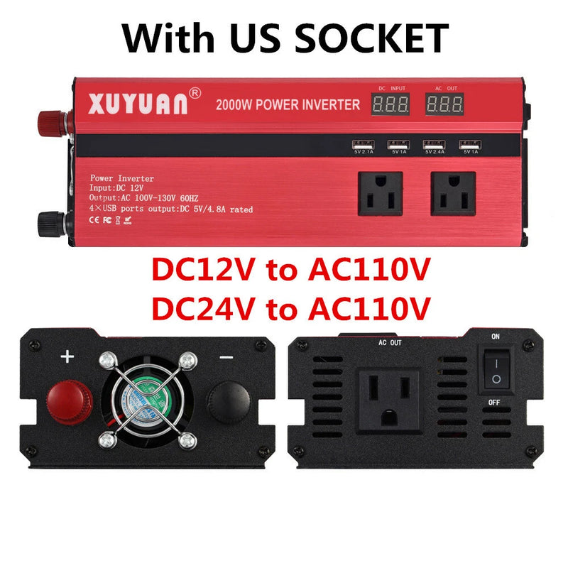 US Car LED Power Inverter 2000W DC 12V/24V to AC 110V Converter Charger US Plug