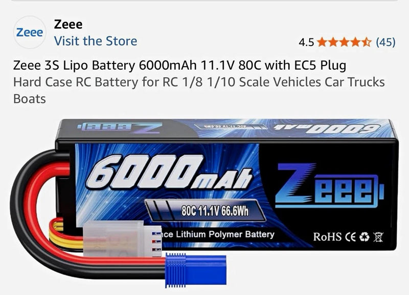 Zeee 3S LiPo 6000mAh 11.1V 80C RC Battery w/ EC5 Plug for 1:8 1:10 Battery