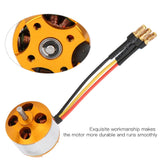 Brushless outrunner RC motor with gold frame, mounting holes, and three-wire cable